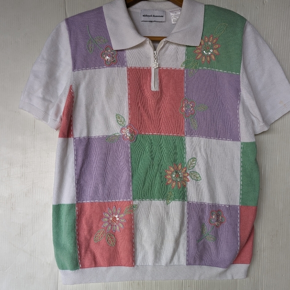 VINTAGE 90s Y2K Alfred Dunner patchwork plaid embroidered polo knit sweater - Picture 9 of 9